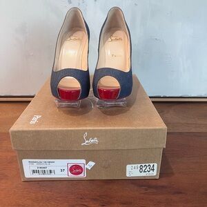Christian Louboutin Denim and Red Peep Toe Heels     like new